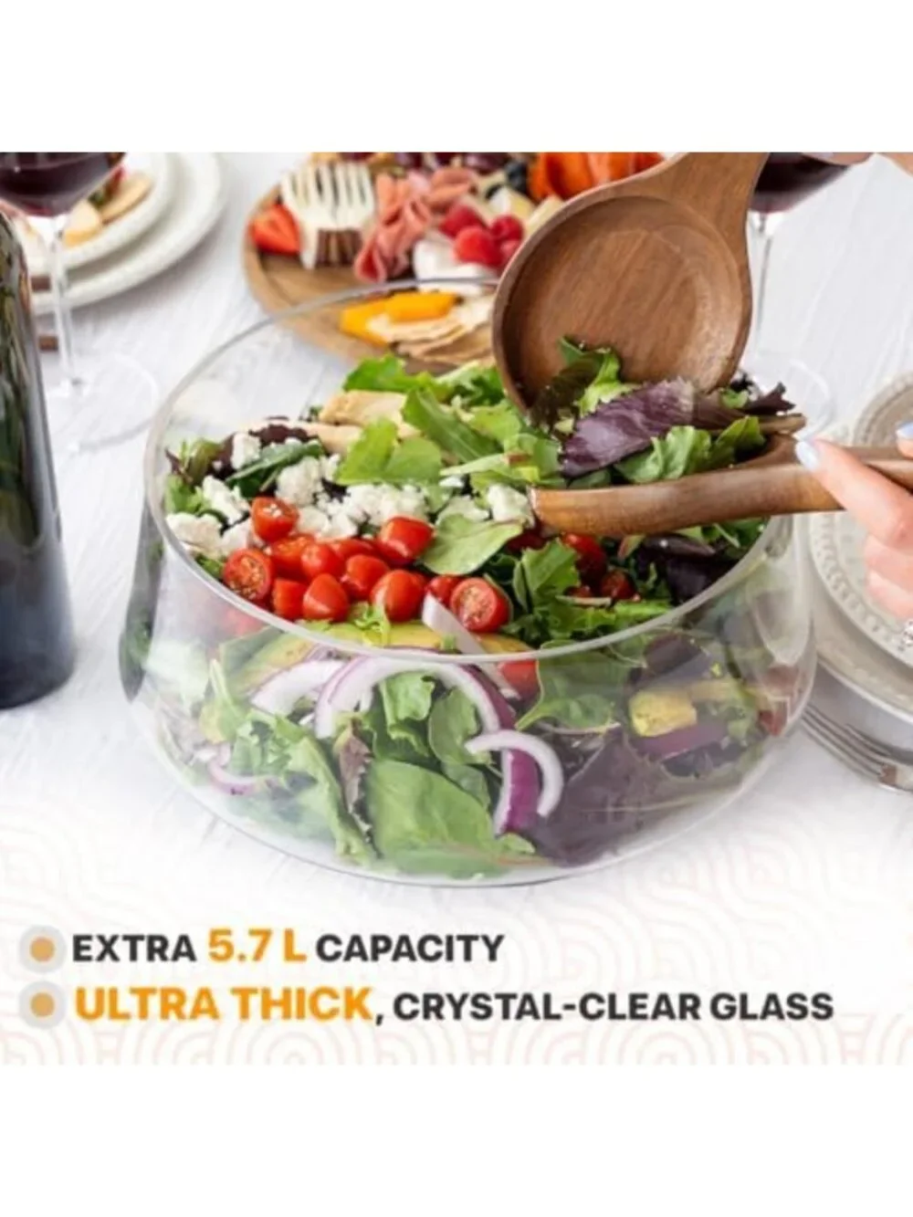 Large Decorative Glass Salad Bowl Set with Lid, 5.7L Mixing & Serving Bowls